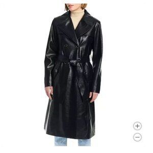NWT Vince Camuto Women's Trench Coat Black Faux Leather Pockets S $200 FFF323